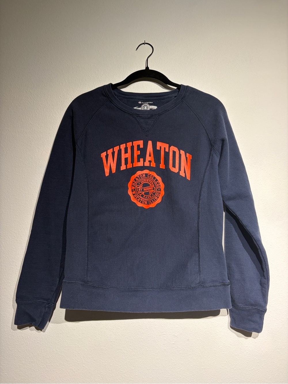 Champion Navy Crewneck Sweatshirt with Orange Wheaton Logo